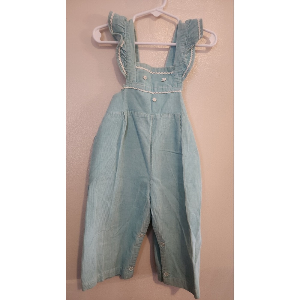 Vintage Young Fair Togs Overalls‎ Girls Blue And White Corduroy With Ruffles